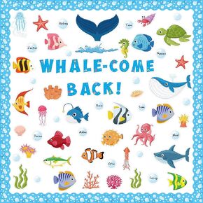 124Pcs Back to School Whale-Come Ocean Fish Under The Sea Bulletin Board Decoration Set, Sea Animal Classroom Cutouts Borders, Welcome Back Wall Chalkboard Party Favors for Elementary School