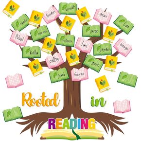 CY2SIDE Reading Tree Bulletin Board - 55PCS Rooted in Reading Tree Cutout for Bulletin Border Sets Books Name Tags Leaves Cutout Trim Border Kit Back to School Chalkboard Wall Decoration Supplies