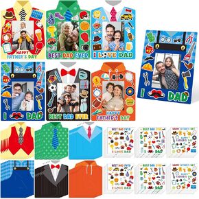 WATINC Fathers Day Picture Frame Crafts - 72Pcs DIY Clothes Shirt Card Picture Frame with Stickers Crafting Kit for Kids, Make Your Own Happy Father's Day Handmade Card Gift Party Decor Supplies