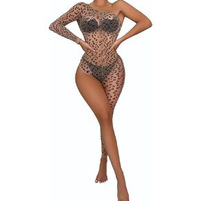 Womens One Piece Sexy Leopard Print One Sleeve Halter Bodycon Jumpsuit Lingerie Exotic See Through 1pc Bodysuit