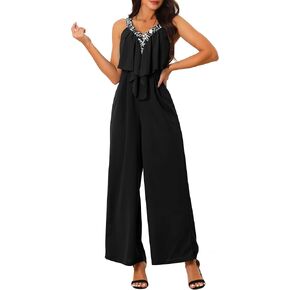 بذلة نسائية صيفية بدون أكمام قابلة للتمدد ورقبة على شكل حرف V وساق واسعة وبنطلون طويل مكشكش in Kuwait