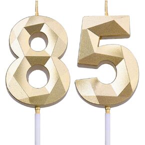 2 inch Gold 85 & 58 Birthday Candles, 3D Diamond Number 85th & 58th Cake Topper for Men Women Birthday Party Decorations Theme Party