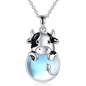 KQF Cat/French Bulldog/Cow/Panda Necklace Sterling Silver Cute Animal Moonstone Necklace Animal Jewelry Gifts for Women Girls Animal Lovers