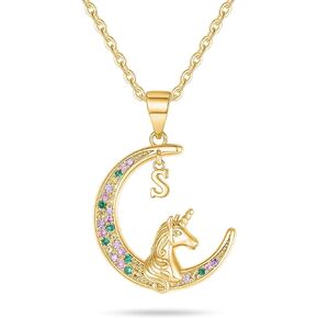 Unicorns Gifts for Girls, 14K Gold/White Gold/Rose Gold Plated CZ Unicorn Letter Initial Necklace for Teen Girls Jewelry Moon Pendant Unicorn Necklace for Girls Little Girls Unicorn Gifts for Girls