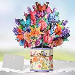 Pop Up Flower Cards, Butterflies & Flower Bouquet 3D Popup Greeting Cards for Mother's Day, Anniversary, Birthday, Graduation, Get Well, Home Decor, with Envelope and Note