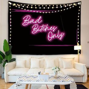 HuxtleEssentials Decorative Wall Tapestry,Bad BItches Only Words in Neon Light for Bedroom Living Room Outdoor,51Hx60L inch