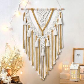 Dremisland Macrame Woven Wall Hanging Boho Geometric Woven Tapestry Beige & Grey Cotton Handmade Bohemian Art Decor with Tassel Craft Ornament for Bedroom Living Room Apartment Nursery (Beige-)