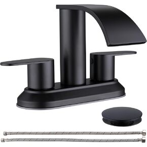 4 inch Centerset Bathroom Faucets Brushed Gold, Stainless Steel Gold Sink Faucet Bathroom with cUPC Supply Lines, Jodulos 2 Handle Waterfall Bathroom Sink Faucet with Pop Up Drain Stopper JU-DE-201-BG