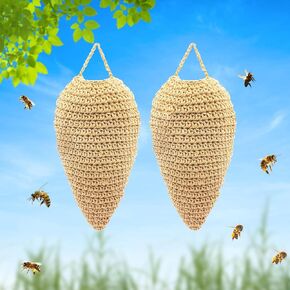 2 Pack Large Crochet Wasp Nest Decoys, Hanging Wasp Deterrent for Wasps Hornets, Wasp Nest Decoy Wasp Deterrent for Outdoor Hanging Crochet Wasp Nest Decoration (Khaki Yellow)