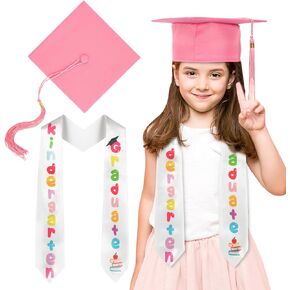 2 Pcs Kindergarten Graduation Cap and Stole, 2024 Preschool Kindergarten Graduation Decorations for Boys Girls Gifts Pink