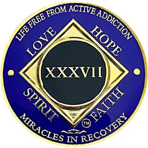 NA 37 Year Medallion, Narcotics Anonymous Coin, Gold Color Plated Recovery Token (Gold, Purple)