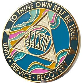 34 Year AA Medallion Elegant Marble Tahiti Teal Blue and Pink Gold Plated Chip