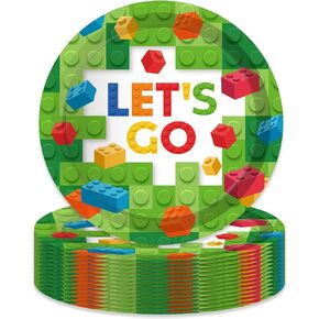 9" Building Blocks Paper Plates Celebrate Party Tableware Round Disposable Dinner Paper Plates Set Building Blocks Theme Party Paper Plates Festival Party Supplies, Pack of 24