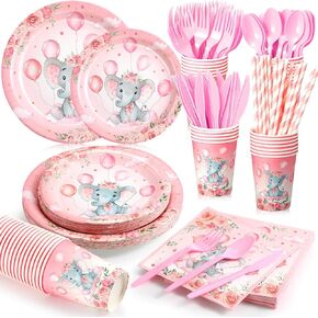 200 Pcs Baby Shower Decorations Baby Shower Paper Elephant Plates Cups Napkins Straws Tableware Sets Serves 25 for Boys Girls Elephant Birthday Gender Reveal Party Favors(Pink, Adorable Style)