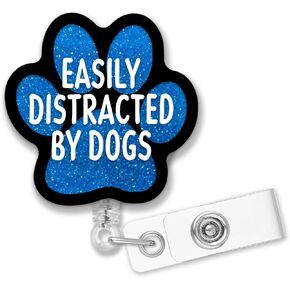 Retractable Easily Distracted by Dogs Badge Reel with Alligator Clip, Funny Navy Blue Glitter Dog Footprint Badge Holder Gift for Doctors Nurses Office Worker Social Worker Teacher Dog Lover