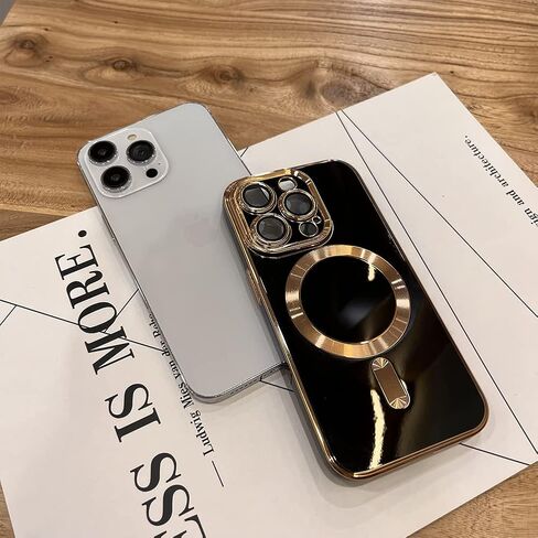 حافظة OOK Magnatic لهاتف iPhone 15 Pro Max [متوافقة مع MagSafe] حافظة كاملة لعدسة الكاميرا بحافة مطلية بالكهرباء الذهبية حافظة هاتف واقية مقاومة للصدمات من مادة TPU للنساء والرجال 6.7 بوصة - أسود in Kuwait
