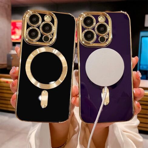 حافظة OOK Magnatic لهاتف iPhone 15 Pro Max [متوافقة مع MagSafe] حافظة كاملة لعدسة الكاميرا بحافة مطلية بالكهرباء الذهبية حافظة هاتف واقية مقاومة للصدمات من مادة TPU للنساء والرجال 6.7 بوصة - أسود in Kuwait