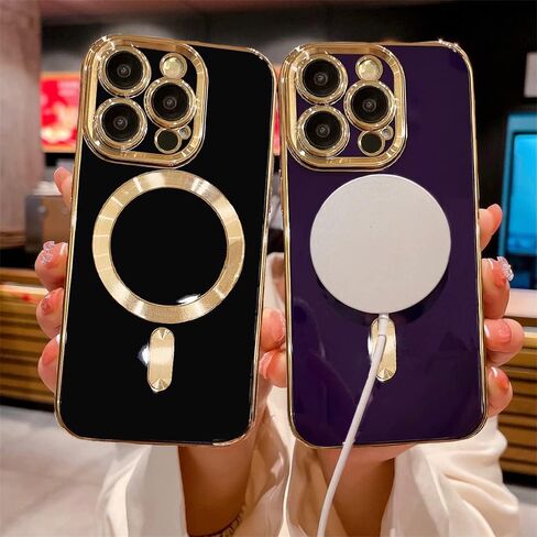 حافظة OOK Magnatic لهاتف iPhone 15 Pro Max [متوافقة مع MagSafe] حافظة كاملة لعدسة الكاميرا بحافة مطلية بالكهرباء الذهبية حافظة هاتف واقية مقاومة للصدمات من مادة TPU للنساء والرجال 6.7 بوصة - أسود in Kuwait