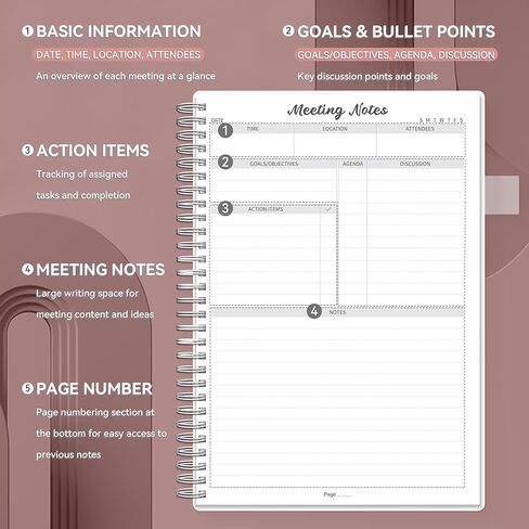 دفتر ملاحظات الاجتماع للعمل، دفتر ملاحظات الاجتماع مع عناصر العمل، جدول أعمال لمكتب النساء والرجال، والأعمال التجارية، وتدوين ملاحظات المشروعات، 7 * 10 بوصة، أرجواني in Kuwait