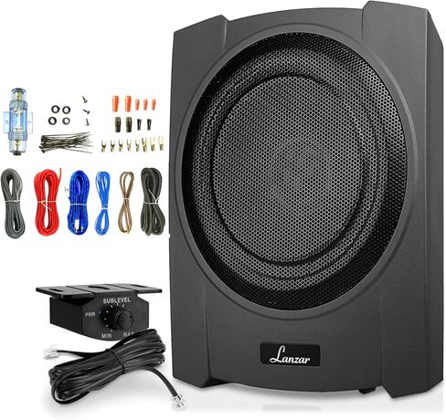 Lanzar SBA10A 10 900 وات قوة الذروة مدمجة منخفضة الحجم ونحيفة ونشط للتحكم في تعزيز الجهير المضخم تحت المقعد ومضخم صوت للسيارة مع مجموعة تركيب أسلاك كاملة مقاس 8 in Kuwait