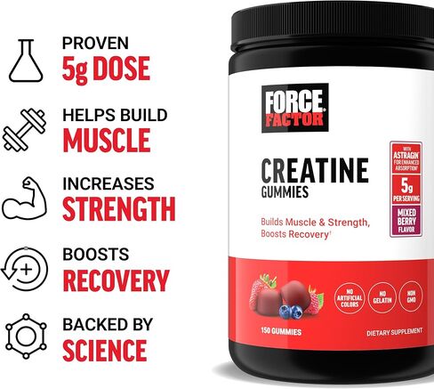 FORCE FACTOR Creatine Gummies, Creatine Monohydrate for Muscle Gain, More Strength, and Faster Recovery, Clinically Proven Creatine 5g Dose, Mixed Berry, 30 Servings in Saudi Arabia