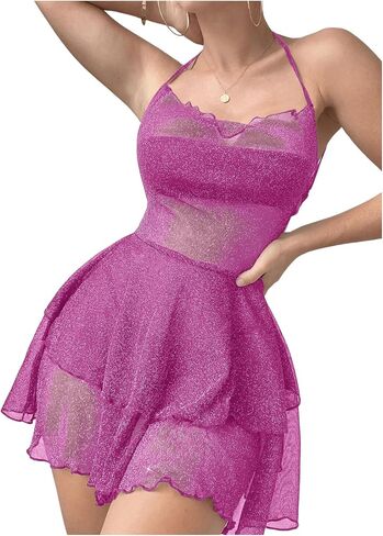 Verdusa Women's Glitter Mesh Swimsuit Cover Up Crisscross Backless Layered Beach Dress in Saudi Arabia