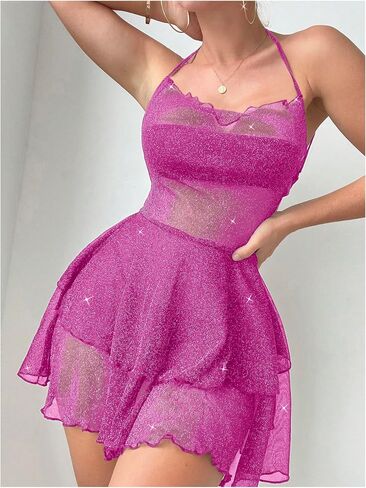 Verdusa Women's Glitter Mesh Swimsuit Cover Up Crisscross Backless Layered Beach Dress in Saudi Arabia