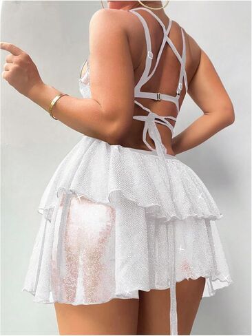 Verdusa Women's Glitter Mesh Swimsuit Cover Up Crisscross Backless Layered Beach Dress in Saudi Arabia
