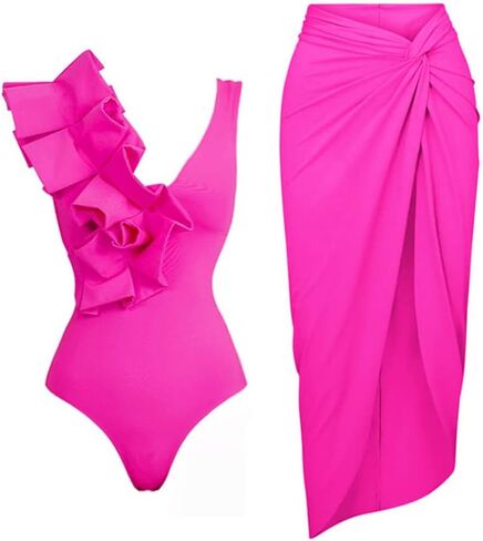 Women's One Piece Swimsuit Ruffle Deep V Neck Floral Print Bathing Suits Self Tie Monokini Padded Swimwear Beachwear in Saudi Arabia