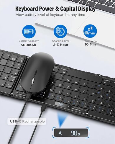 Foldable Keyboard and Mouse Combo, Travel Bluetooth Folding Keyboard Mouse, Hinge Locking Battery Level Display, Wireless Portable Keyboard with Aluminum Alloy Base for Laptop iPad Tablets Mac in Kuwait