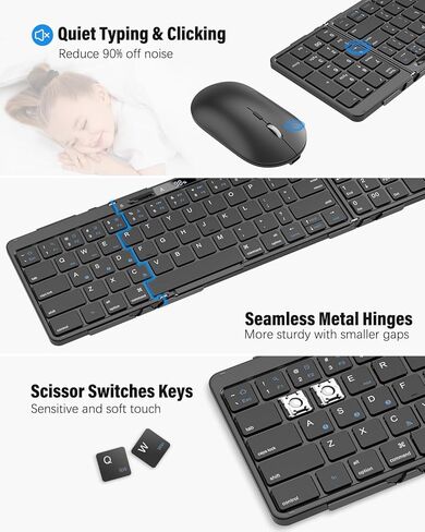 Foldable Keyboard and Mouse Combo, Travel Bluetooth Folding Keyboard Mouse, Hinge Locking Battery Level Display, Wireless Portable Keyboard with Aluminum Alloy Base for Laptop iPad Tablets Mac in Kuwait
