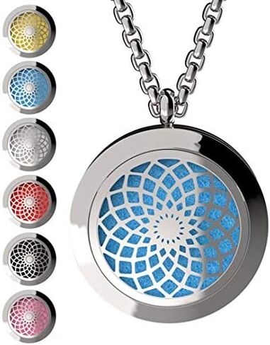 Wild Essentials Aum Om Necklace Essential Oil Diffuser Kit with Lavender, Lemongrass, Peppermint, Orange Oils, 12 Refill Pads, Calming Aromatherapy Gift Set, Customizable Color Changing, Perfume in Saudi Arabia