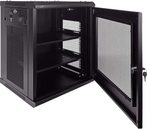 Navepoint 12U Deluxe IT حاوية خزانة مثبتة على الحائط مقاس 19 بوصة رف شبكة الخادم مع قفل باب مثقوب مقاس 16 بوصة أسود عميق مع/أرفف in Kuwait