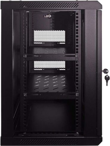Navepoint 12U Deluxe IT حاوية خزانة مثبتة على الحائط مقاس 19 بوصة رف شبكة الخادم مع قفل باب مثقوب مقاس 16 بوصة أسود عميق مع/أرفف in Kuwait