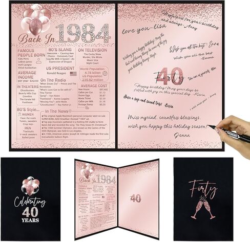 كتاب الضيوف لحفلة عيد الميلاد الأربعين من Vlipoeasn للنساء، كتاب تسجيل ملصق إبداعي لعام 1984، باللونين الوردي والأسود في كتاب التوقيع عام 1984، لوازم قطع مركزية لتزيين حفلات عيد الميلاد بعمر 40 عامًا in Kuwait
