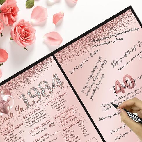 كتاب الضيوف لحفلة عيد الميلاد الأربعين من Vlipoeasn للنساء، كتاب تسجيل ملصق إبداعي لعام 1984، باللونين الوردي والأسود في كتاب التوقيع عام 1984، لوازم قطع مركزية لتزيين حفلات عيد الميلاد بعمر 40 عامًا in Kuwait