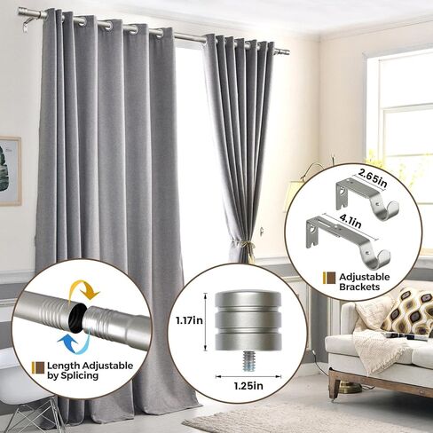 قضيب ستارة كامانينا 1 بوصة من 30 إلى 88 بوصة (2.5-7.3 قدم) قضبان ستارة مفردة فضية عتيقة للنوافذ، قضيب ستائر قابل للتعديل مع نهاية الغطاء in Kuwait