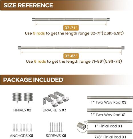 قضيب ستارة كامانينا 1 بوصة من 30 إلى 88 بوصة (2.5-7.3 قدم) قضبان ستارة مفردة فضية عتيقة للنوافذ، قضيب ستائر قابل للتعديل مع نهاية الغطاء in Kuwait