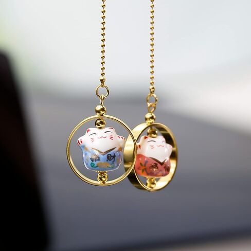 YGMONER Lucky Cat Car Mirror Hanging Ornaments Porcelain Figurine Car Interior Decor Accessories (Black & Red) in Kuwait