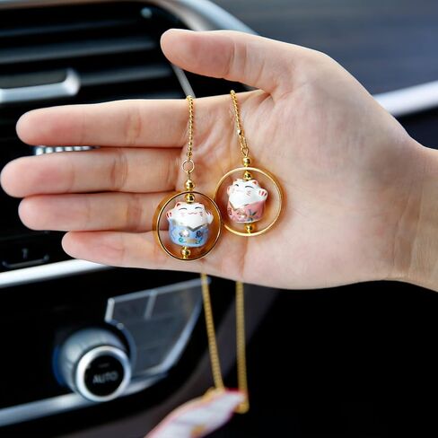 YGMONER Lucky Cat Car Mirror Hanging Ornaments Porcelain Figurine Car Interior Decor Accessories (Black & Red) in Kuwait