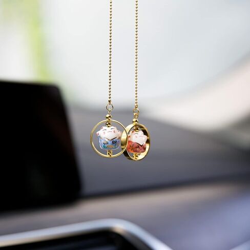 YGMONER Lucky Cat Car Mirror Hanging Ornaments Porcelain Figurine Car Interior Decor Accessories (Black & Red) in Kuwait