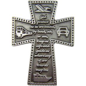 Fine Pewter God Bless Us as We Travel Cross Visor Clip, 2 1/4 Inch