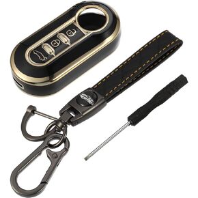 Car Smart Key Fob Case Kit Compatible for Fiat 500, Protective TPU Black Keyless Entry Remote Cover with Key Chain
