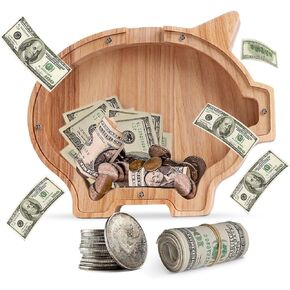Kids Wooden and Acrylic Combi Piggy Bank Boys and Girls Cute Money Savings Box Wood Coin Bank Room Deco Ornaments(Single Acrylic)