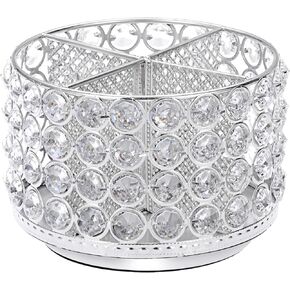 BTSKY Crystal 360 Degree Rotating Desk Organizer Decorative Storage Box with 4 Compartments, Glitter Metal Makeup Brush Holder Elegant Storage Caddy Home Decor Gift for Women, Round-4 Slots Silver