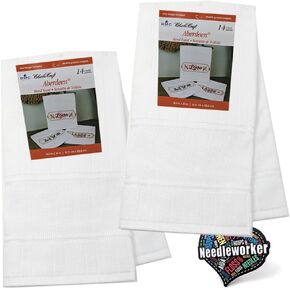 Cross Stitch Towels, Set of 2 - White Aberdeen Velour Hand Towels with Ready to Stitch 14ct Aida Band Plus Needleworker Sticker