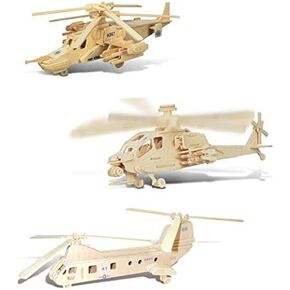 Puzzled Bundle of Air-Force Choppers: Apache, Black Shark, Sea Knight Wooden 3D Puzzles Construction Kits, Educational DIY Helicopters Assemble Models Wood Craft Hobby to Build & Paint - 3 Pack