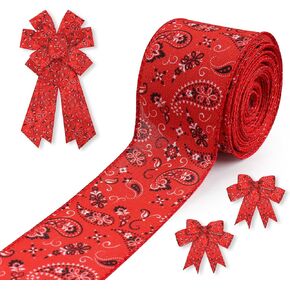 2.5" × 10 Yd Bandana Ribbon Red Bandana Floral Wired Ribbon Paisley Fabric Ribbon for Farm Spring Fall Wreath DIY Crafts Bows Making Gifts Wrapping Party Decoration