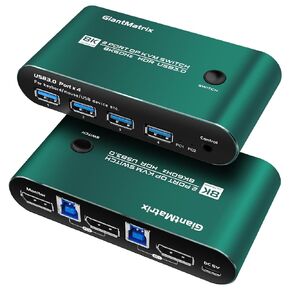 Displayport kvm Switch 1 Monitor 2 Computers, DP 2.0 8K@60HZ مع 4 USB 3.0 Hub، تتضمن جميع الكابلات، التوصيل والتشغيل، مشاركة طابعة لوحة المفاتيح والماوس.