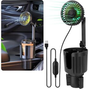 Car Fan, Car Fan Cup Holder with Colorful Lights, USB Portable Vehicle Cooling Air Fan for Car SUV, RV, Truck, 3 Speed, 360 Degree Rotatable, 6.6" USB Powered Electric Car Fans (Dual Head)
